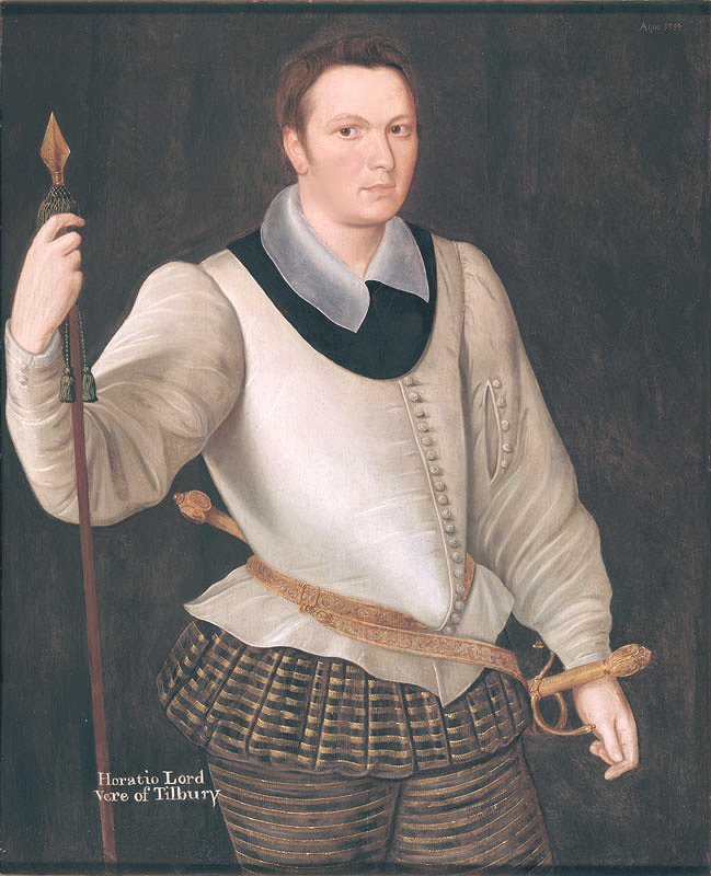 Portrait of a man wearing a milanese breastplate, lace collar and red sash  with his hands resting on a swept hilted sword and a plumed helmet